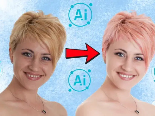 Comparación de antes y después de un programa de retoque fotográfico con IA, mostrando un cambio de cabello rubio a rosa y mejora de la piel.
