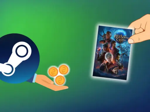 Ręka trzyma kartę z grą Baldur's Gate. Obok logo Steam i monety. Jak usunąć grę z biblioteki Steam?
