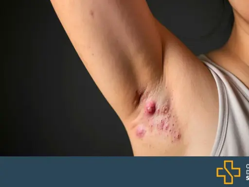 Gros plan sur des boutons sous les aisselles, certains enflammés, sur la peau d'une personne.