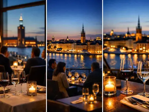 En fin restaurang i Stockholm med fantastisk utsikt över stadens silhuett vid skymningen. Bord med levande ljus och vin.