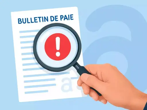 Une loupe examine un bulletin de paie avec un point d'exclamation rouge. Cela pourrait symboliser une erreur ou un problème, comme dans le calcul temps de navigation maritime.