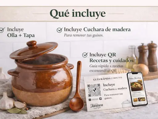 La cocina de barro incluye olla, tapa, cuchara de madera para tus guisos y QR con recetas.