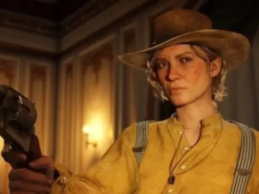 Sadie Adler w kapeluszu i żółtej koszuli trzyma rewolwer, gotowa do akcji.