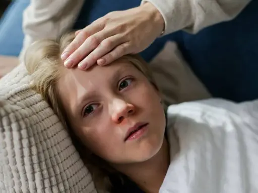 Niña con fiebre, su frente tocada por una mano. Posiblemente un caso de mononucleosis en niños.