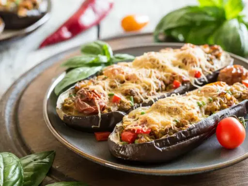 Berenjenas rellenas de atún, gratinadas con queso y decoradas con albahaca y tomate. Un plato delicioso y fácil de preparar.