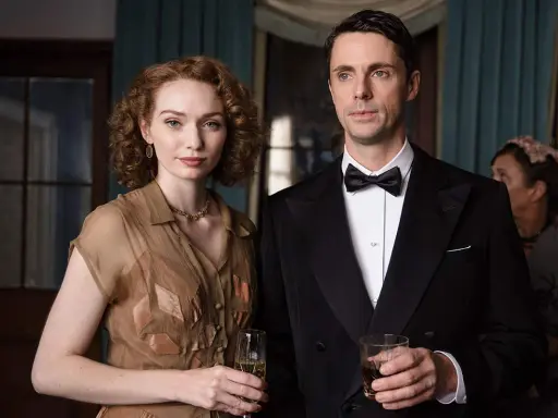 Ett elegant par med drinkar i handen, en scen från huset på udden serie. Kvinnan bär en brun klänning, mannen en smoking.