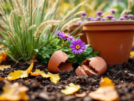 Des pots en terre cuite, des fleurs violettes et de l'herbe ornementale pour créer un jardin de pots. Des feuilles d'automne jonchent le sol.