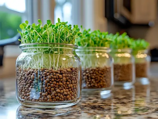 Des lentilles en germination dans des bocaux en verre, montrant comment pousse les lentilles avec leurs racines blanches et leurs jeunes pousses vertes.