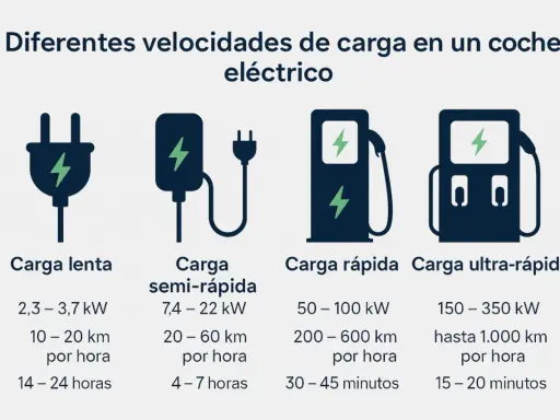Gráfico muestra cuántos kW carga un coche eléctrico: lenta (2,3-3,7 kW), semi-rápida (7,4-22 kW), rápida (50-100 kW) y ultra-rápida (150-350 kW).