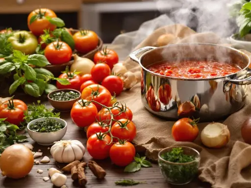 Une marmite de sauce tomate maison mijote, entourée de tomates fraîches, d'oignons et d'herbes.