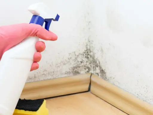 Mano con guante rosa rociando producto sobre moho en pared. Aprende como bajar la humedad en casa y eliminar manchas.