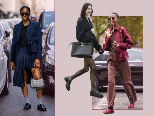 Stylish women showcase how to wear loafers in winter with chic outfits: a navy skirt suit, a black blazer with tights, and a burgundy jacket with brown trousers.