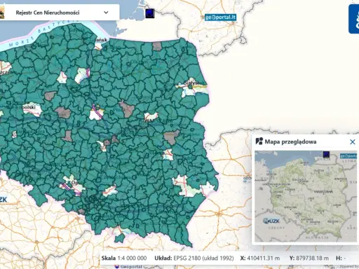 Mapa Polski z zaznaczonymi obszarami w ramach rejestru cen nieruchomości. Widoczna jest mapa przeglądowa.
