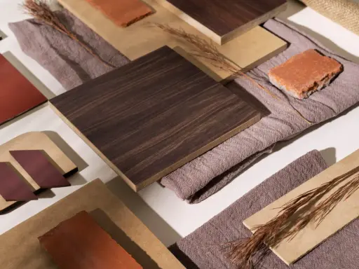 Tutti i colori del legno: campioni scuri e chiari, tessuti e mattoni creano una composizione materica.