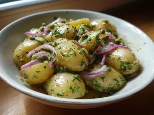 En härlig potatissallad med kapris, rödlök och färska örter i en skål.
