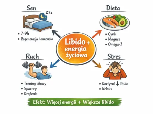 Wykres pokazuje, jak sen, dieta, ruch i stres wpływają na libido u mężczyzn. Dobre nawyki zwiększają energię i libido.
