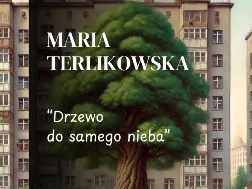 Duże, bujne drzewo wyrasta między blokami mieszkalnymi.