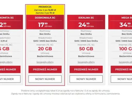 Oferty abonamentu rodzinnego dla 4 osób: 5 GB za 12,99 zł, 20 GB za 17,99 zł, 50 GB za 24,99 zł, 100 GB za 34,99 zł.