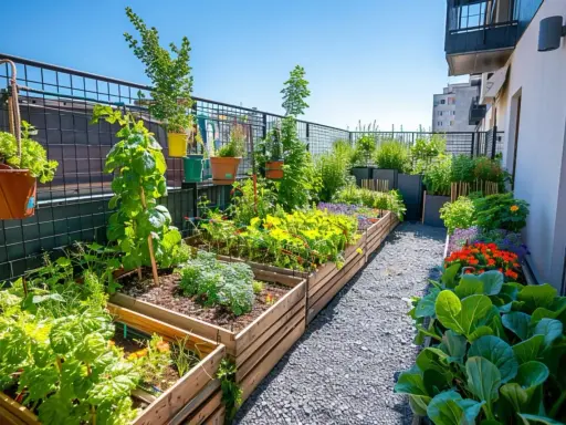Un potager vertical permaculture luxuriant sur un balcon, avec des légumes verts, des fleurs colorées et des herbes aromatiques dans des bacs en bois.