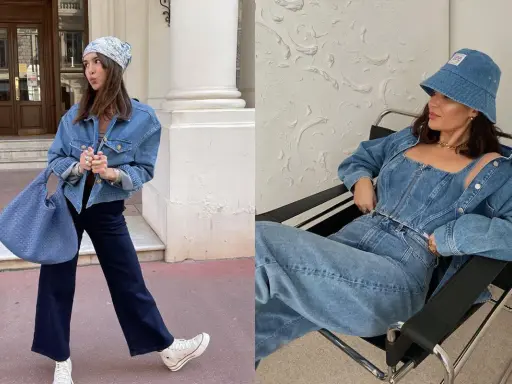 Due donne sfoggiano look total denim. Le giacche in denim, con il loro significato di stile casual e ribelle, sono protagoniste.