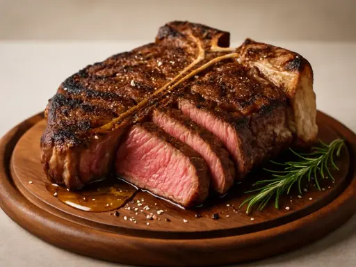 En perfekt tillagad bistecca alla fiorentina, saftig och rosa inuti, med en härlig yta, serverad på en träbricka med rosmarin.