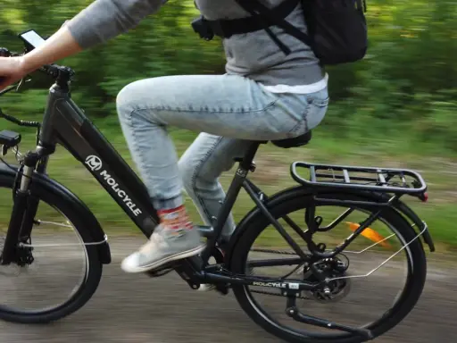 Osoba na rowerze elektrycznym Molicyle z amortyzacją pokonuje leśną ścieżkę.