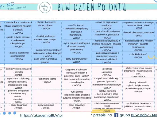 BLW co to? Tygodnie 7 i 8: propozycje posiłków dla niemowląt, np. omlet z jabłkiem, zupa krem z groszku, placki bananowe.