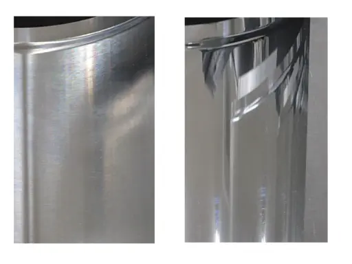 Porównanie powierzchni: po lewej matowe aluminium, po prawej efekt polerowania aluminium.