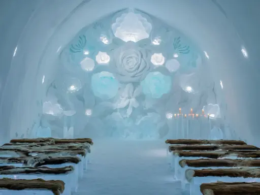 Vacker iskyrka i ett igloo hotell Sverige. Bänkar av is med renskinn, isrosor och levande ljus skapar en magisk atmosfär.