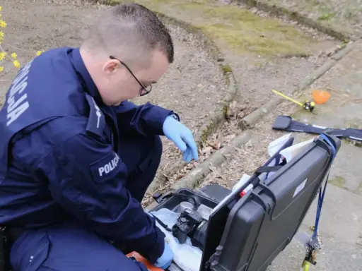 Policjant w niebieskim mundurze z napisem "POLICJA" klęczy przy otwartej walizce z aparatem i sprzętem kryminalistycznym.