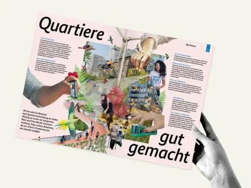 Quartiersentwicklung: Eine Hand hält ein Smartphone, das eine grüne Stadt mit Drohnen und einem Windrad zeigt.