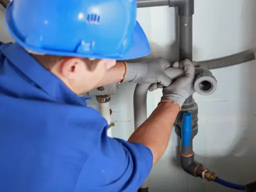 Instalator montuje odpowietrzenie kanału sanitarnego w domu parterowym, łącząc rury.
