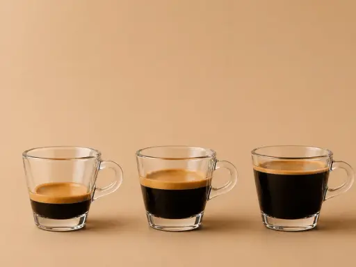 Drei Espressotassen zeigen den americano kaffee unterschied: von wenig Espresso bis zu mehr.