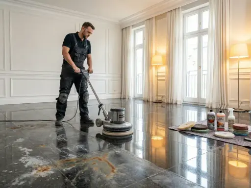Mann mit Poliermaschine entfernt eingezogene Flecken aus Granit. Reinigungsmittel und Zubehör liegen bereit.