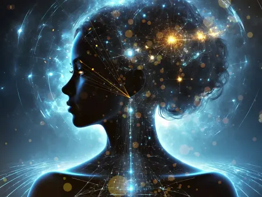 Sylwetka kobiety w kosmicznej sieci neuronów, symbolizująca istoty zbyt inteligentne, by żyć szczęśliwie.