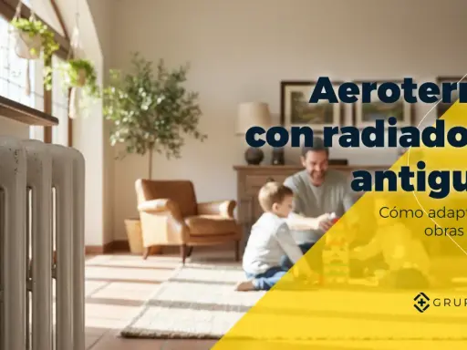 Radiador antiguo blanco junto a familia jugando. Aerotermia con radiadores antiguos: cómo adaptarlos sin obras grandes.