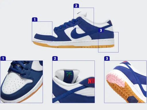 Szukasz informacji, jak sprawdzić numer katalogowy Nike? Zobacz zbliżenia buta: przód (1), język z palmą (2) i podeszwę (3).