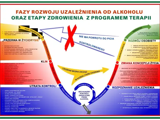 Schemat faz rozwoju alkoholizmu i etapów zdrowienia. Pokazuje cykl choroby i drogę do trzeźwości.