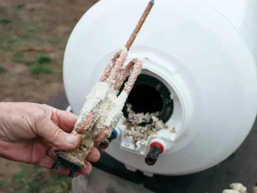 Main d'homme tenant une résistance de chauffe-eau entartrée, montrant l'importance d'éliminer le calcaire pour un bon fonctionnement.
