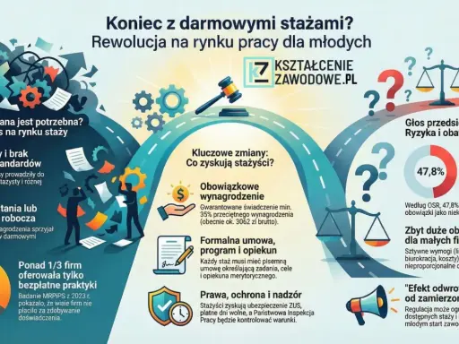 Ilustracja przedstawia schematycznie rynek staży, z elementami prawnymi i statystykami.