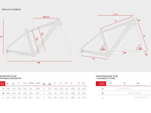 Schemat geometrii ramy roweru Peak 29 Carbon z wymiarami i tabelą rozmiarów. Wybierz odpowiedni rozmiar ramy dla siebie.