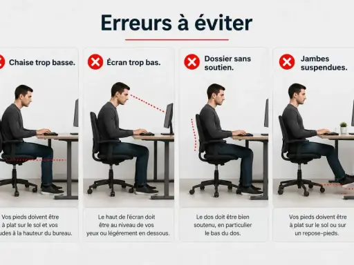 Conseils pour un aménagement des locaux de travail ergonomique : posture correcte, écran à hauteur des yeux, dos soutenu et pieds au sol.