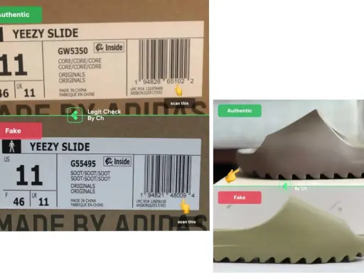 Porównanie Yeezy: oryginalne vs. podróbki. Na zdjęciu etykiety i klapki, z oznaczeniami "Authentic" i "Fake".
