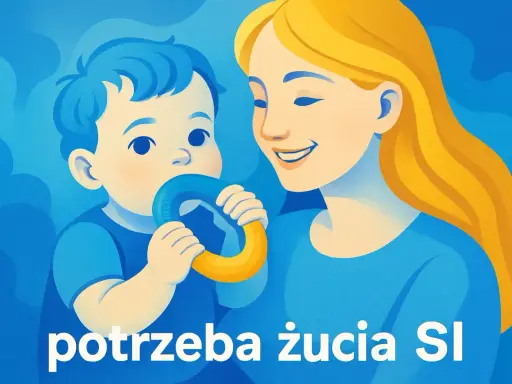 Uśmiechnięta mama patrzy na swojego malucha, który z radością gryzie niebiesko-żółtą zabawkę. Dziecko gryzie ubrania, odkrywając świat.