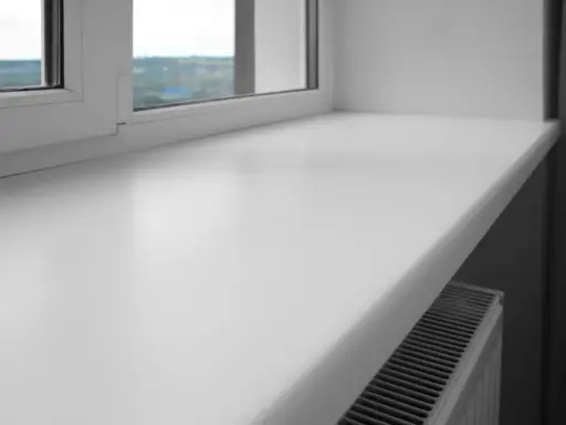 Biały, szeroki parapet z tworzywa sztucznego, idealny na kwiaty lub książki, z widocznym grzejnikiem pod spodem.