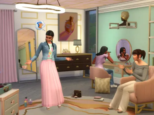 Mody do The Sims 4 meble: dziewczyny przygotowują się do wyjścia w stylowej garderobie.