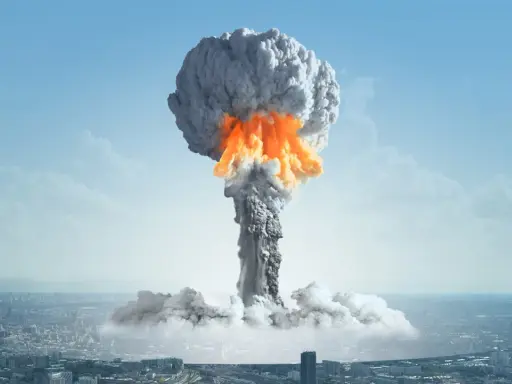 Grzyb atomowy nad miastem. Zastanawiasz się, ile trwa promieniowanie po bombie atomowej? To przerażająca wizja.