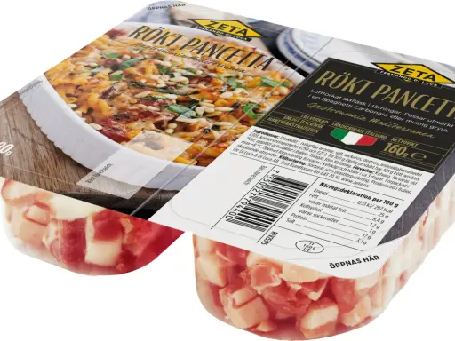 Zeta Rökt Pancetta, perfekt för ett snabbt pancetta recept. Lufttorkat sidfläsk i tärningar, redo för din italienska pasta.