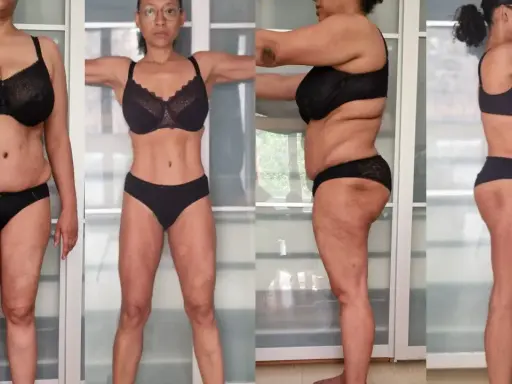Avant/après : une femme en lingerie noire, montrant une transformation physique impressionnante. Elle a réussi à perdre 10 kg en 1 mois, sans manger le soir.