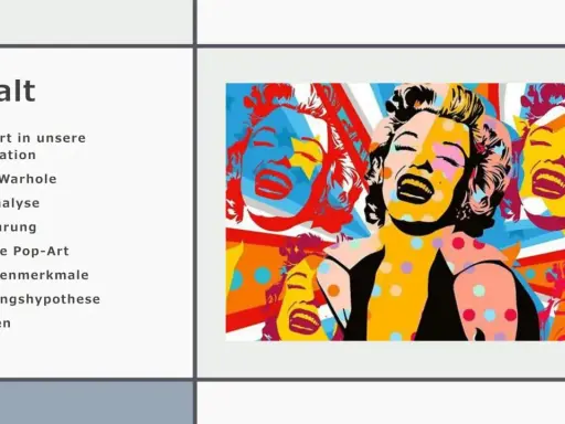 Marilyn Monroe in leuchtenden Farben, ein Beispiel für Pop-Art-Techniken. Mehrere Gesichter, kräftige Konturen, Punkte und geometrische Formen.